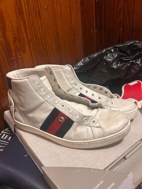 Gucci White High-Top Leather Sneakers with Red & Navy Stripes